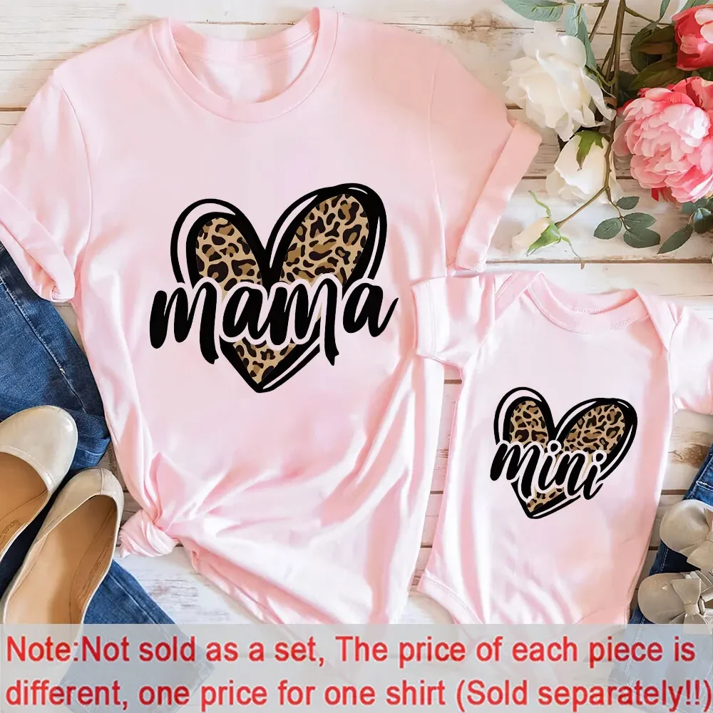 Stylish MOM&MIMI Matching Shirts Casual Short Sleeve Family Tops Leopard Heart Print Comfortable Family Outfits